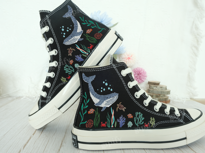 Custom Embroidered Converse High Tops/ Custom Converse Chuck Taylor 1970s Blue Whale Embroidered Shoes/ Ocean Vibes Embroidered