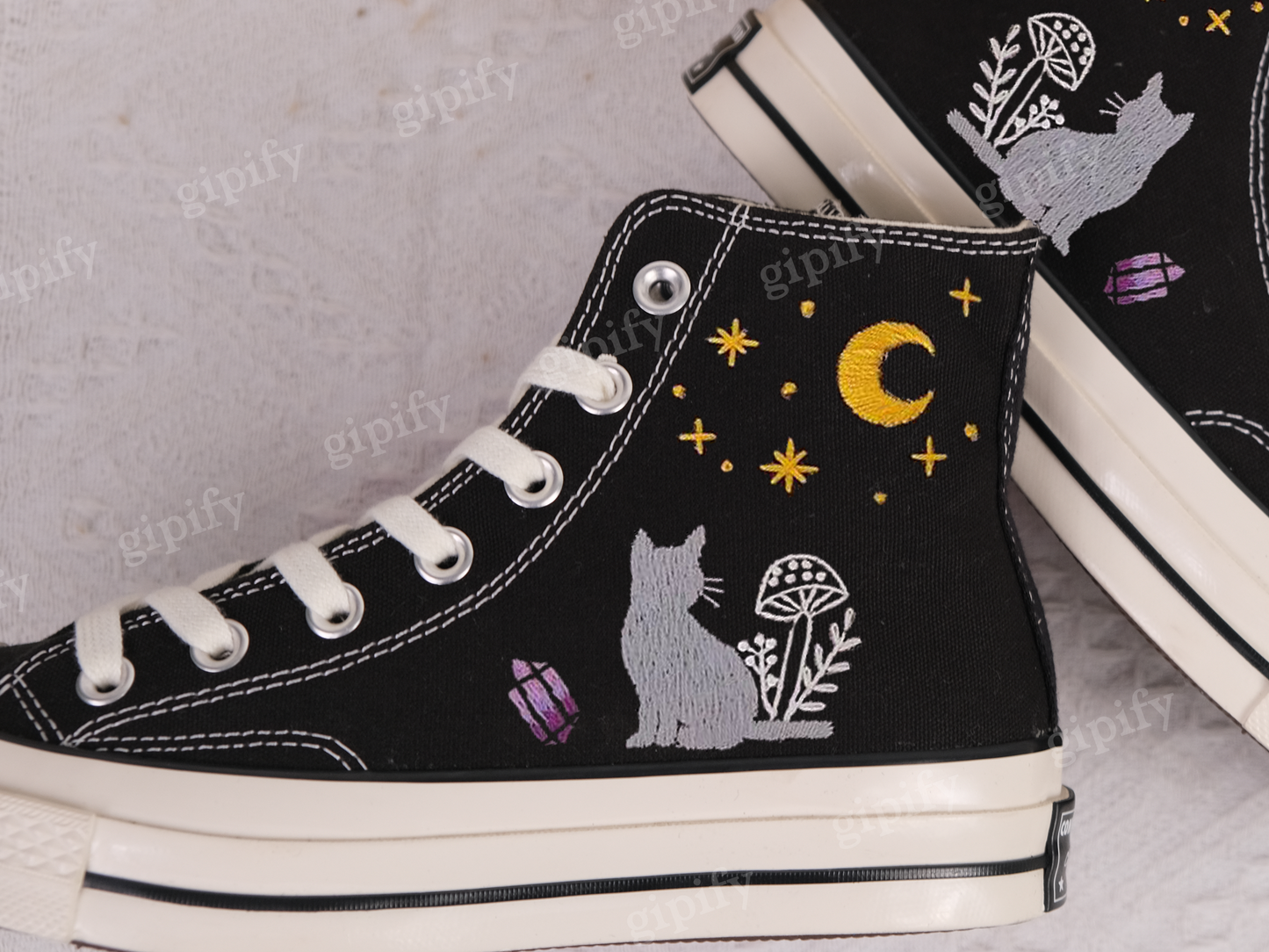 Custom Hand Converse Chuck Taylor 1970s Cat Mushroom Embroidered Converse All Star Converse Cat Moon and Stars Personalized Gifts For Her