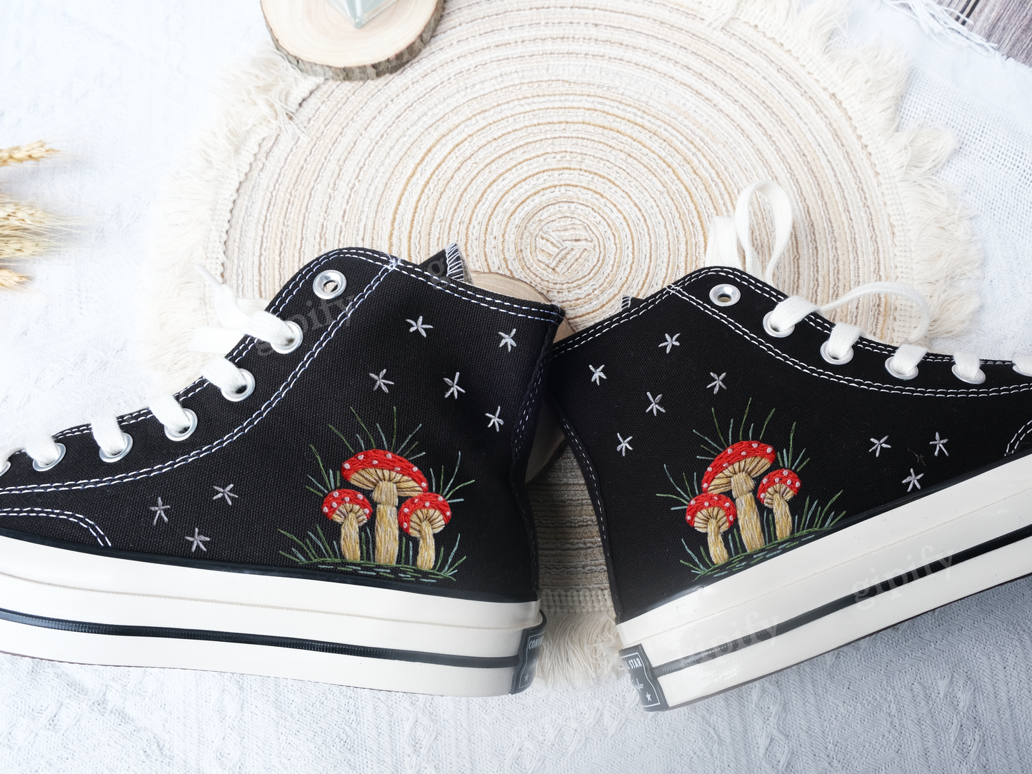 Midnight Mushroom Converse Custom | Mushroom and Floral Embroidery Converse | Embroidered Converse 1970s | Floral Custom converse high tops