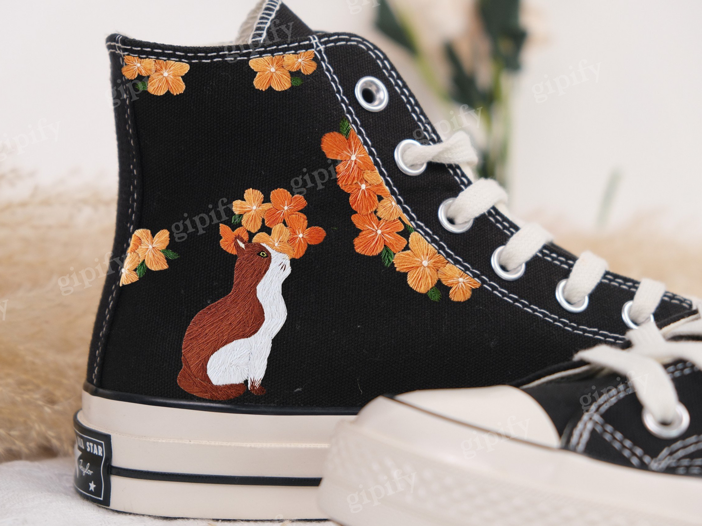 Custom Embroidered Converse Chuck Taylor All Star Shoes/Cat and Flower/1989 Embroidered Sneaker/Flower Embroidery Shoes/Handmade Gifts