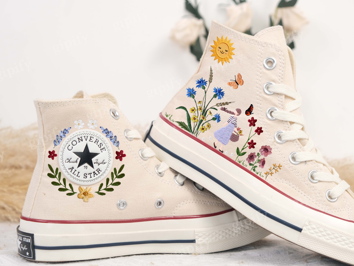 Embroidered Converse Custom Wedding Flower/ Custom Embroidered Converse High Tops Chuck Taylor 1970s/ Embroidered Converse Sunflower Garden