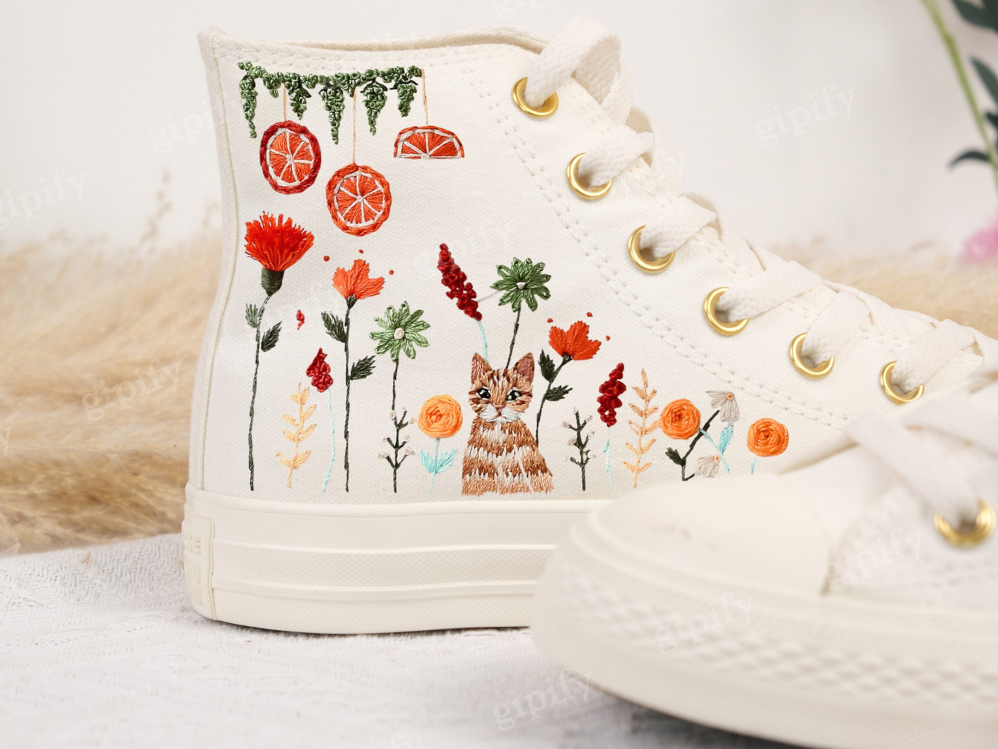 Custom Embroidered Converse Chuck Taylor All Star Shoes/Cat and Flower/1989 Embroidered Sneaker/Flower Embroidery Shoes/Handmade Gifts