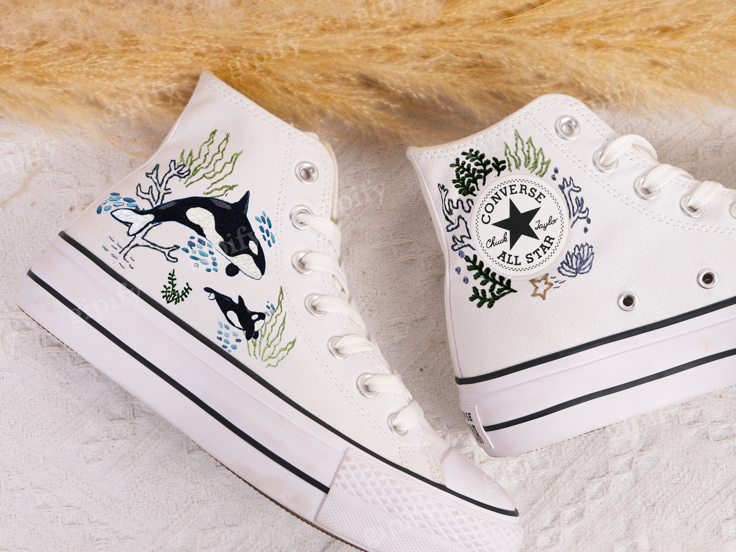 Custom Embroidered Converse High Tops/ Custom Converse Chuck Taylor 1970s Shark Embroidered/ Ocean Vibes Embroidered