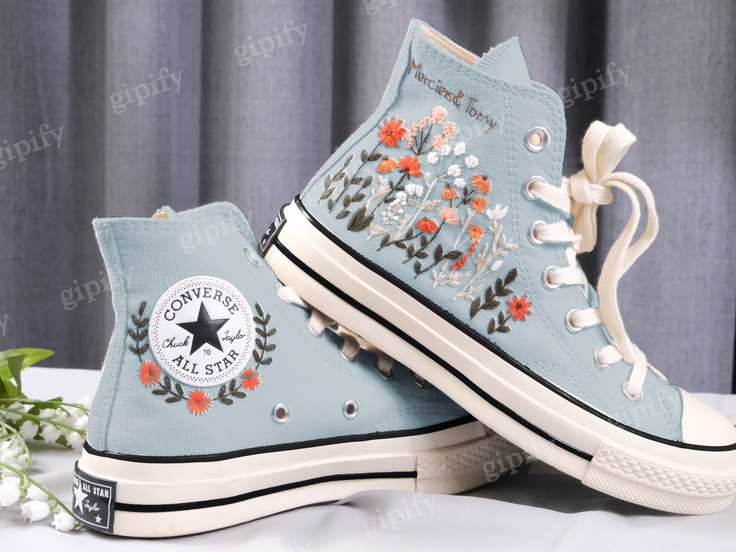 Custom Embroidered Wedding Converse High Tops, Wedding Flowers Embroidered Shoes, Bridal Flowers Embroidered Sneakers, Personalized Sneaker