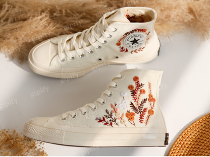 Custom Embroidered Wedding Sneakers, Fall Wedding Flower Embroidered Converse, Burnt Orange Bouquet Embroidered Shoes, Boho Wedding Gifts