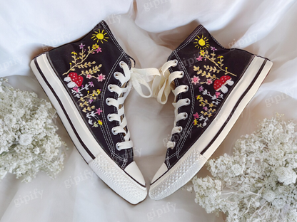 Custom Embroidery, Embroidered Converse High Tops , Mushroom and Flower Garden Embroidered Shoes Custom, Valentine Day Gifts