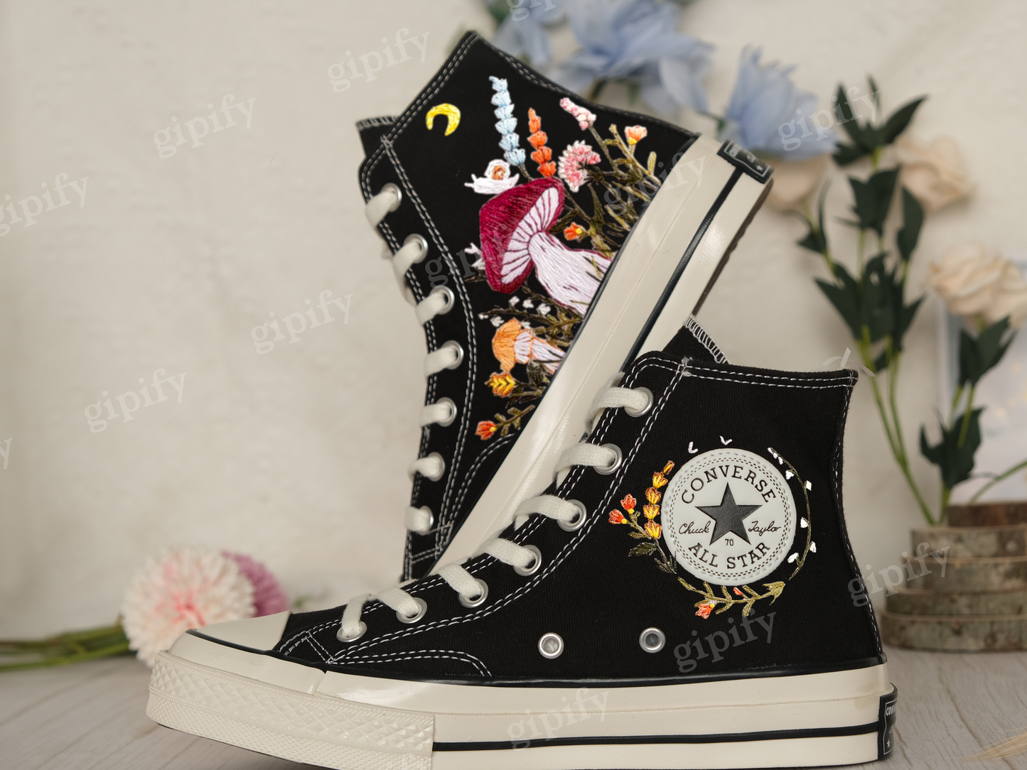 Customized Embroidered Converse High Tops/Mushrooms Embroidered Shoes Women/Gardens Flowers and Cat Embroidered Converse/Gifts for Her