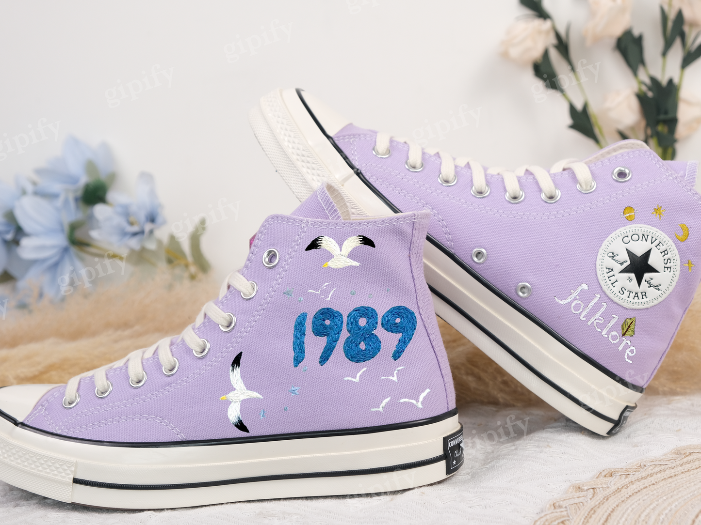 Embroidery Squirrel Converse Chuck Taylor White Seagull and Sea Converse High Top Custom Embroidery Ocean Canvas Shoes