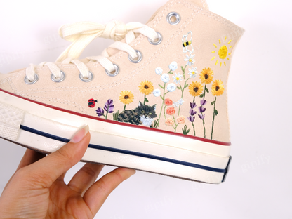 Embroidered Converse/Flower Converse/Custom Converse Pet/Embroidered Converse High Tops Butterfly Cat And Sweet Sunflower Garden