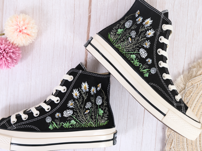 Custom embroidery converse sneakers, Flower Converse, Converse Custom Colorful Daisy Garden, Embroidered Sneakers