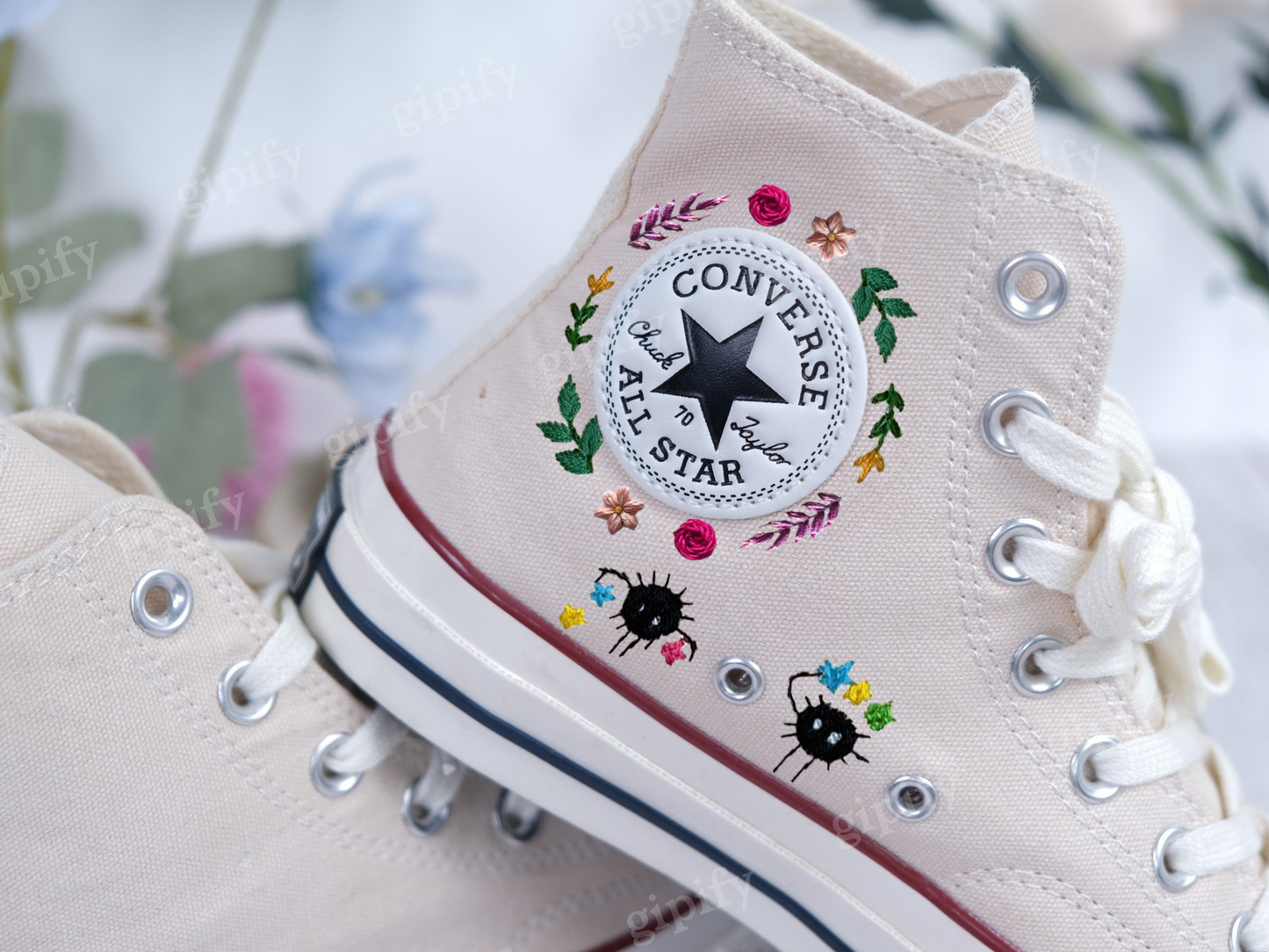 Neighbor Totoro Embroidered Converse/Converse Flower Embroidery/Custom Embroidery Converse High Tops/Embroidered Converse Chu and Chibi