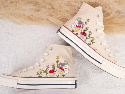 Embroidered Converse/Mushroom Converse/Embroidered Sneakers Mushroom Flower Forest And Stack Of Books/Converse High Tops Chuck Taylor 1970s