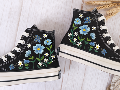 Embroidered Converse/Custom Converse High Top Chuck Taylor 1970s/Converse Embroidered With Blue And White Daisies And Monarch Butterflies