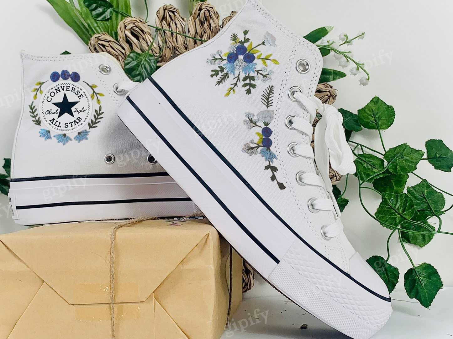 Custom Converse Platform, Wedding Flowers Embroidered Platform Shoes, Converse Embroidered Blue Bouquets, Personalized Bridal Sneaker