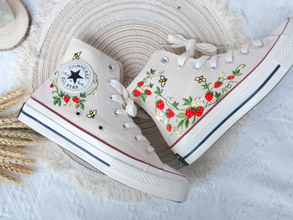 Custom Embroidered Converse Shoes, Strawberry Embroidered Sneakers, Converse Embroidered Bee, Garden Strawberry, Personalized Gifts for Her