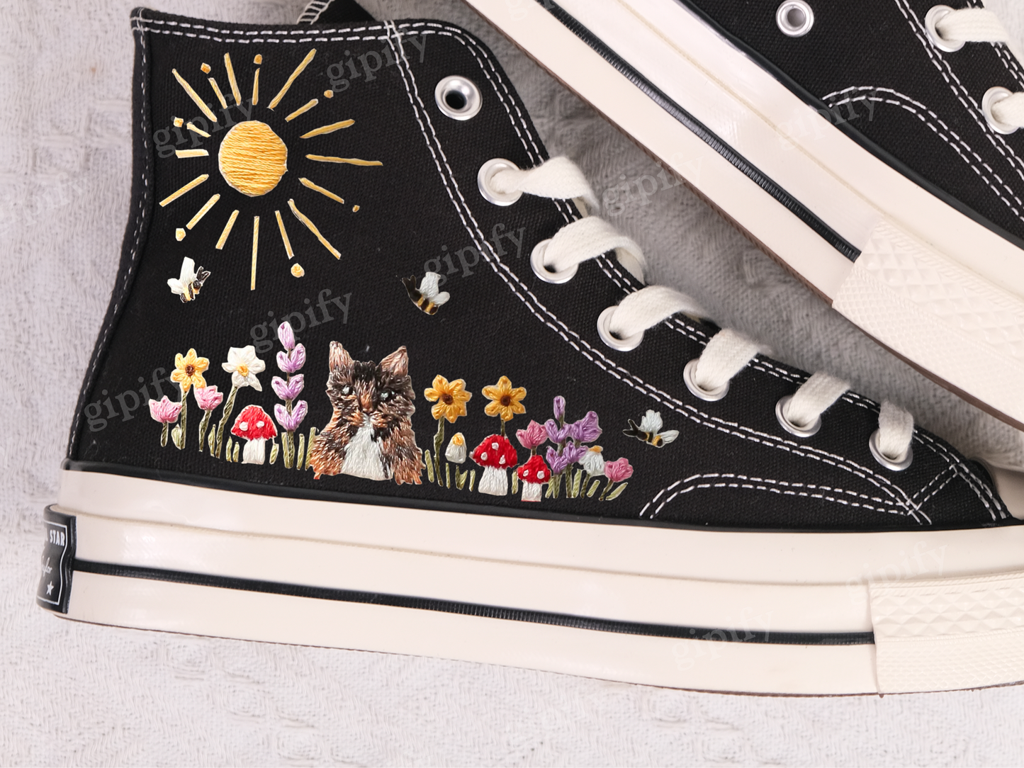 Custom Converse High Tops/Floral Converse/Embroidered Converse Colorful Sunflower And Wildflower Garden/Sunflower Birthday/White Converse