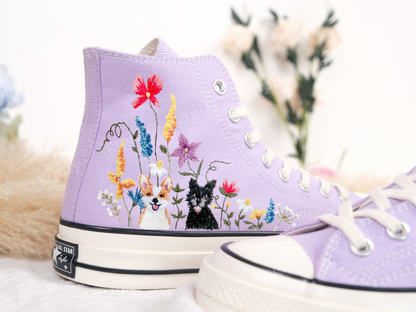 Custom Embroidered Converse Platform/Cat + Dog Embroidered Sneaker/Pet Embroidered Shoes/Shoes Embroidery Floral/Birthday Gifts for Her