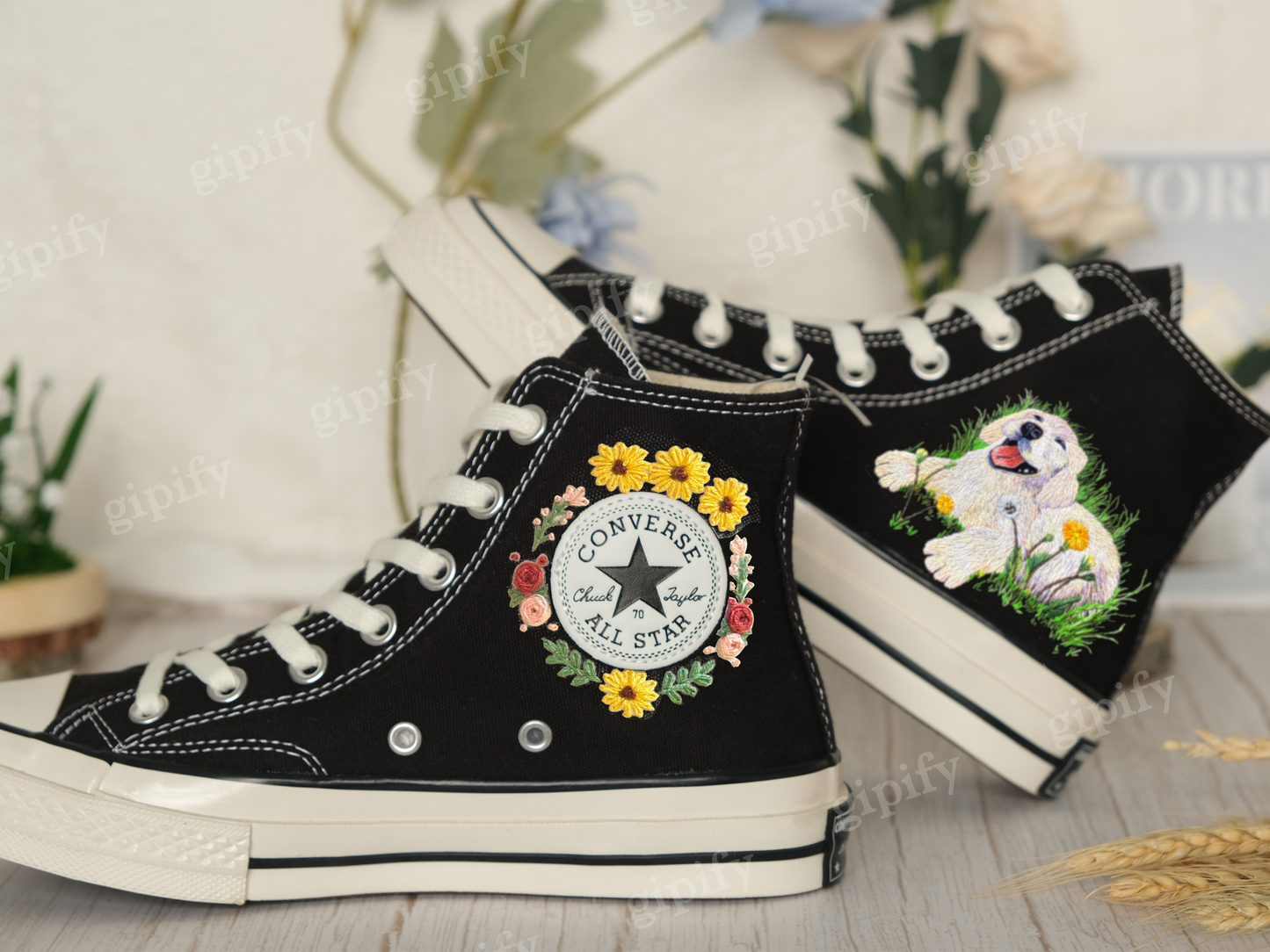 Embroidered converse/ Converse Custom Dogs and Butterflies Embroidery / Flower Converse Shoes/ Custom Converse Chuck Taylor 1970s/Gift Her