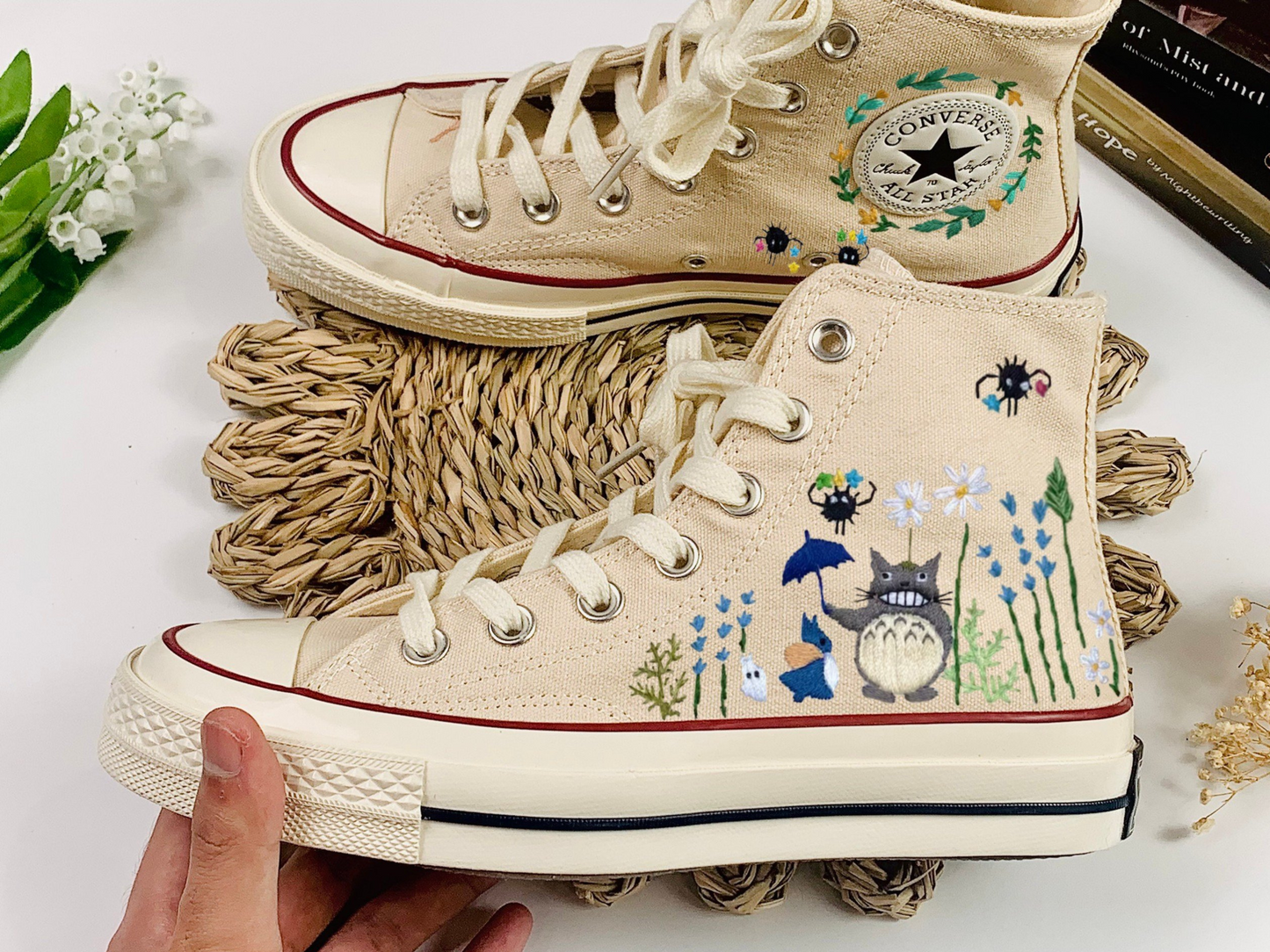 Converse Embroidered Custom Cartoon, Neighbor Totoro Embroidered Converse, Flower Converse, Embroidery Converse Chibi and Gibi