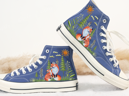 Embroidered Converse/Converse Mushroom/Custom Converse Pet/Embroidered Converse High Tops Fox Mushroom And Sweet Sunflower Garden