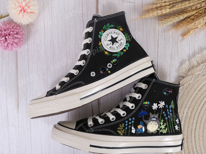 Converse Embroidered Custom Cartoon/Neighbor Totoro Embroidered Converse/Flower Converse, Embroidery Converse Chibi and Gibi