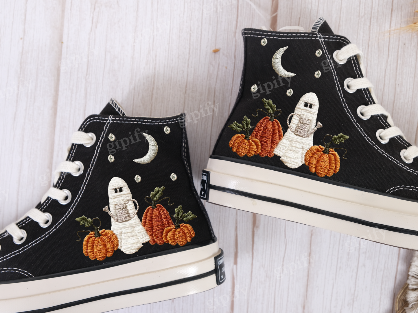 Custom embroidered sneakers, Ghost and pumpkin embroidered sneakers, Halloween Vibes embroidered sneakers, Personalized bridal sneakers