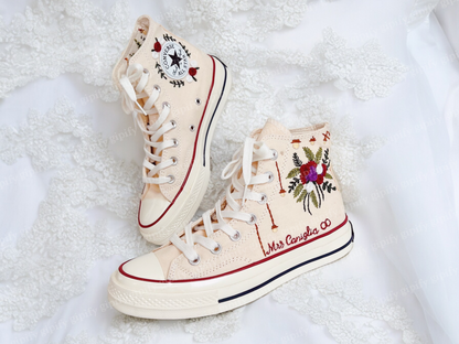 Custom Converse High Tops Embroidered Floral, Flower Embroidered Shoes Women, Wedding Flowers Embroidered Converse Custom, Wedding Shoes