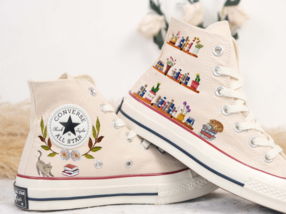 High-top Converse shoes with custom embroidered bookshelf/Embroidered Converse/Wedding Converse shoes/Embroidered pet cat and bookshelf