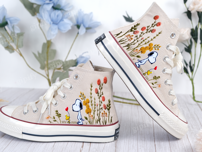 Embroidery Peanuts Dog Converse, Embroidered Converse Flower Shoes, Handmade Embroidery Flowers Shoes, Vintage Retro Christmas Gift