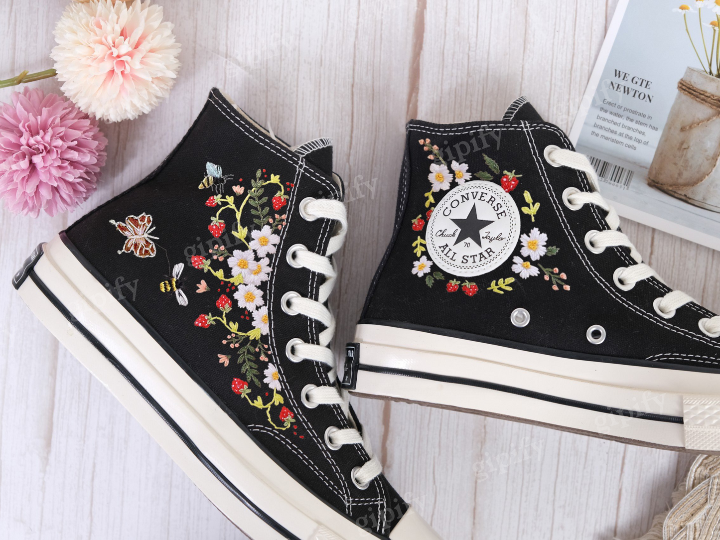 Strawberry Converse Shoes/1970s Converse High Top Chuck Taylor Shoes Embroidered with Red Strawberry Garden and Sweet White Flowers