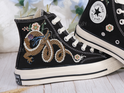 Custom Embroidered Converse High Tops Chuck Taylor 1970s/ Embroidered Snake Converse/ Custom Converse Chuck Taylor Embroidered Snake