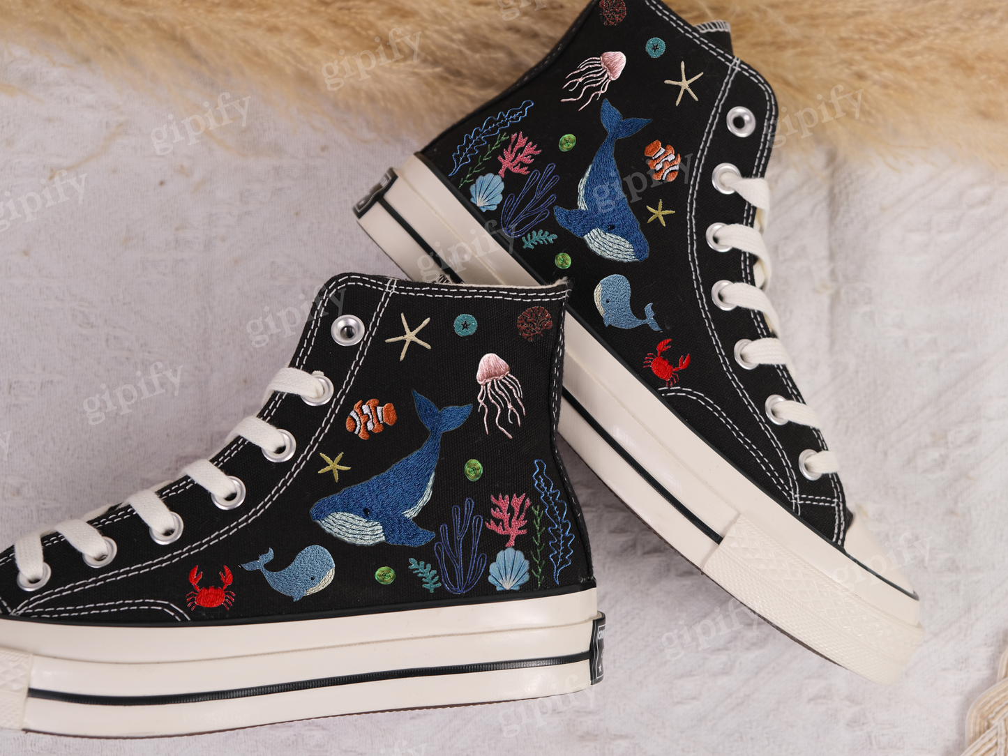 Custom Embroidered Converse High Tops/ Custom Converse Chuck Taylor 1970s Blue Whale Embroidered Shoes/ Ocean Vibes Embroidered