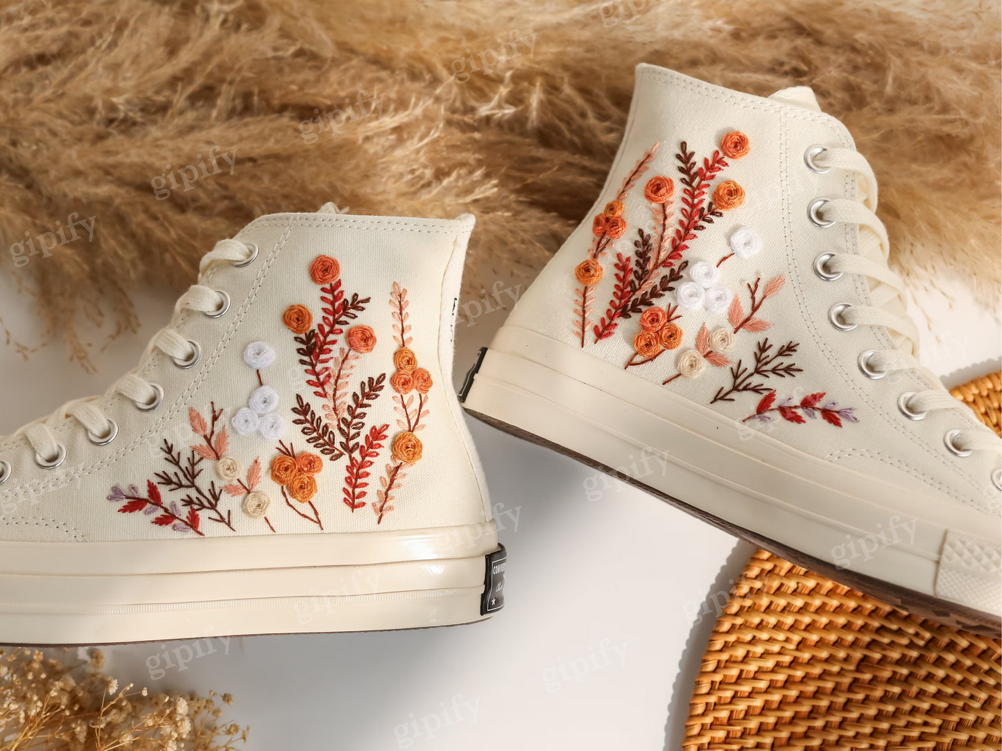 Custom Embroidered Wedding Sneakers, Fall Wedding Flower Embroidered Converse, Burnt Orange Bouquet Embroidered Shoes, Boho Wedding Gifts