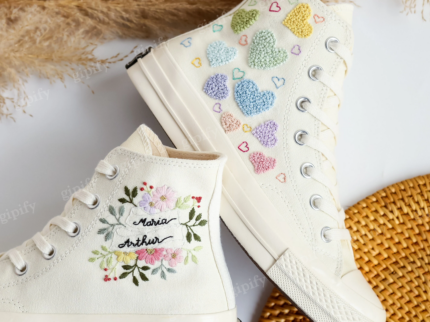 Embroidered Converse Heart, Flower Embroidery Wedding Converse Shoes, Custom Converse Embroidered Name Bridal Flower, Heart, Wedding Sneaker