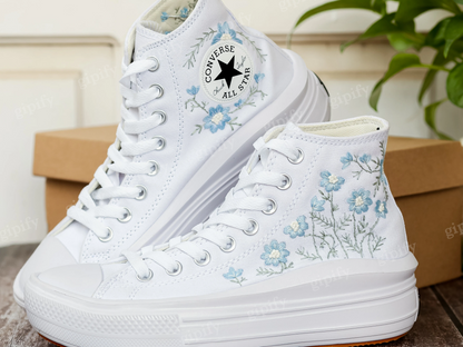 Custom Converse Platform, Wedding Blue Flowers Embroidered Shoes for Bride, Blue Wildflowers Embroidered Shoes Platform, Bridal Sneaker