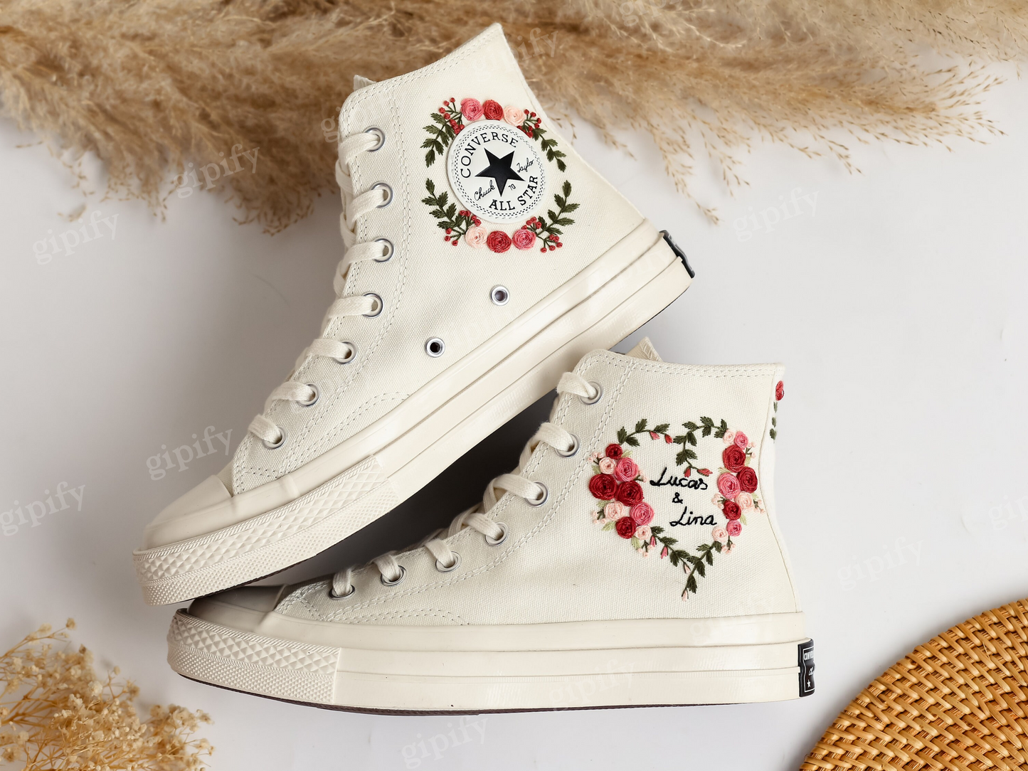 Wedding Converse for Bride, Custom Embroidered Converse Platform, Wedding Flowers Embroidered Platform Shoes, Personalized Bridal Sneaker