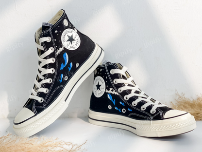 Custom Embroidered Converse High Tops, Blue Whale Embroidered Shoes, Ocean Embroidered Sneakers, Moon Star Whale Embroidery Converse Custom