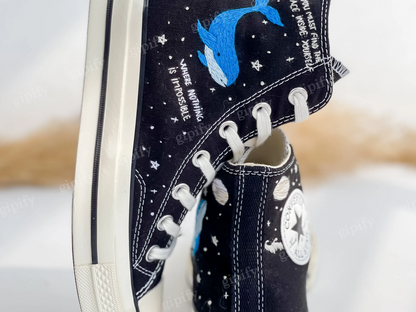 Custom Embroidered Converse High Tops, Blue Whale Embroidered Shoes, Ocean Embroidered Sneakers, Moon Star Whale Embroidery Converse Custom