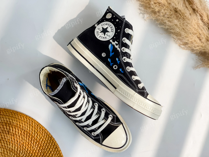 Custom Embroidered Converse High Tops, Blue Whale Embroidered Shoes, Ocean Embroidered Sneakers, Moon Star Whale Embroidery Converse Custom