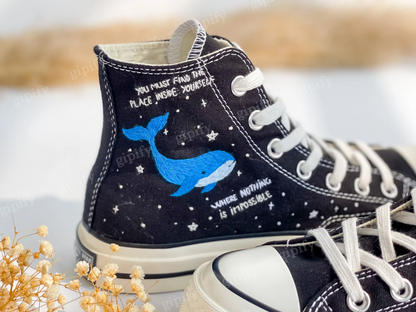 Custom Embroidered Converse High Tops, Blue Whale Embroidered Shoes, Ocean Embroidered Sneakers, Moon Star Whale Embroidery Converse Custom