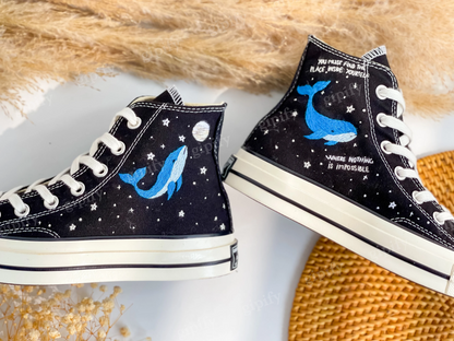 Custom Embroidered Converse High Tops, Blue Whale Embroidered Shoes, Ocean Embroidered Sneakers, Moon Star Whale Embroidery Converse Custom