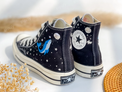 Custom Embroidered Converse High Tops, Blue Whale Embroidered Shoes, Ocean Embroidered Sneakers, Moon Star Whale Embroidery Converse Custom