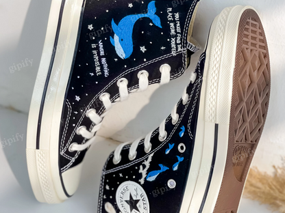 Custom Embroidered Converse High Tops, Blue Whale Embroidered Shoes, Ocean Embroidered Sneakers, Moon Star Whale Embroidery Converse Custom