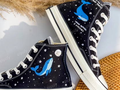 Custom Embroidered Converse High Tops, Blue Whale Embroidered Shoes, Ocean Embroidered Sneakers, Moon Star Whale Embroidery Converse Custom