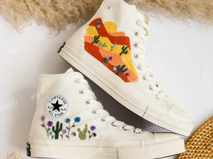 Custom Wedding Sneakers, Desert Wedding Embroidered Converse, Warm Earth Tones Embroidered Shoes, Cactus Embroidered, Wedding Arizona Gifts