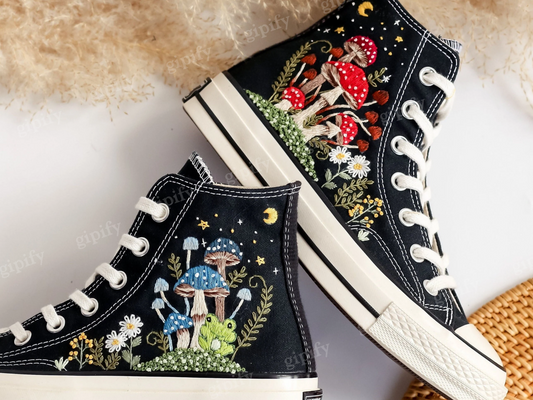 Embroidered Converse Mushroom and Frog, Converse High Tops Chuck Taylor Embroidered Frog & Mushroom, Mushrooms Embroidered Converse Custom