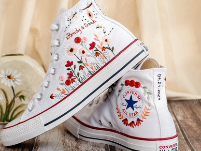 Custom Design Bridal Sneakers, Wedding Flower Garden Embroidered Converse, Wildflowers and bee Embroidered Shoes, Converse Custom Name