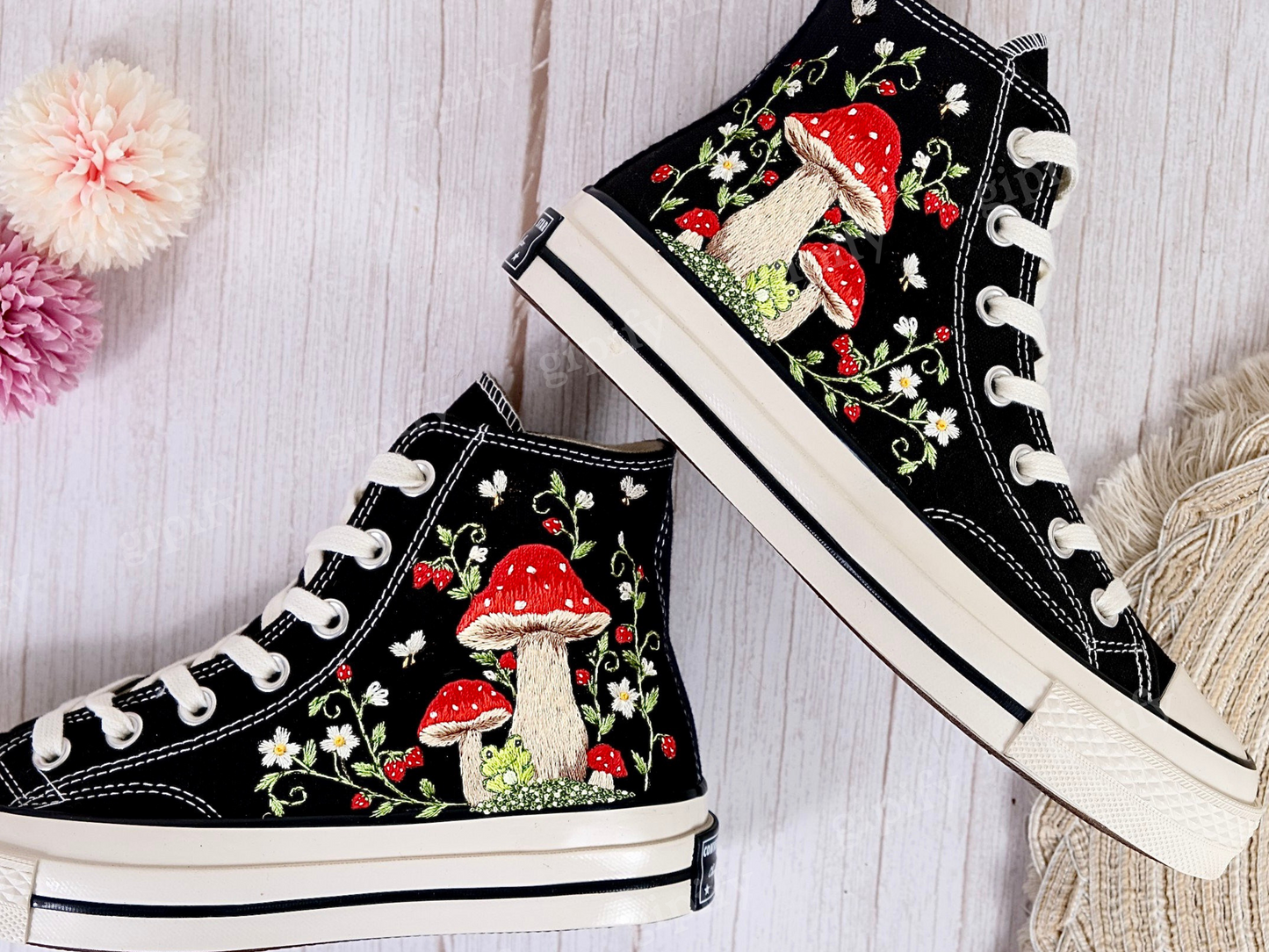 Customized Converse Embroidered Shoes/Mushrooms Embroidered Sneakers Women/Gardens Mushrooms/Strawberry Embroidered Converse Chuck Taylor