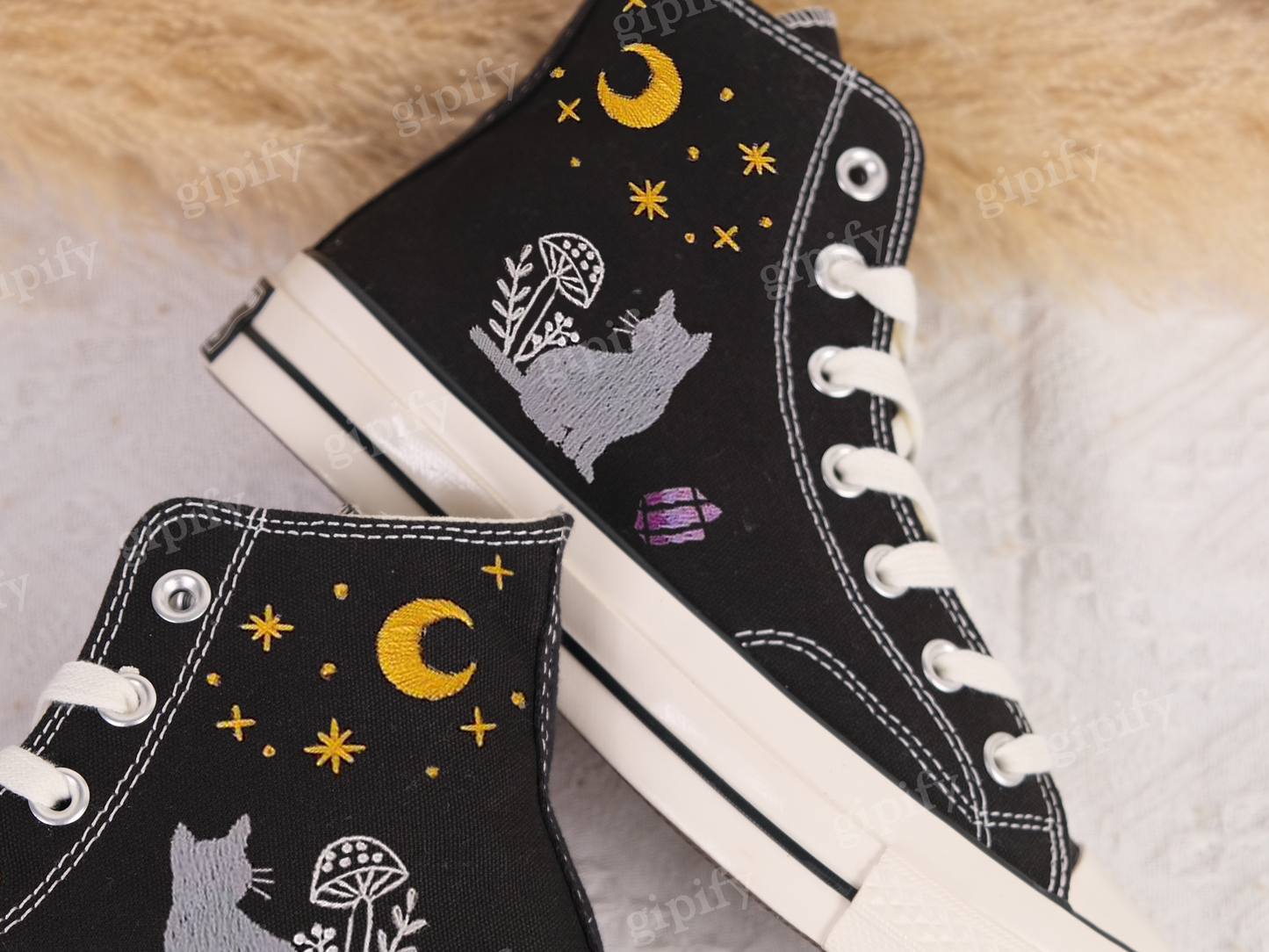 Custom Hand Converse Chuck Taylor 1970s Cat Mushroom Embroidered Converse All Star Converse Cat Moon and Stars Personalized Gifts For Her