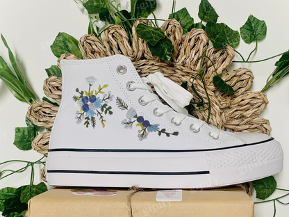 Custom Converse Platform, Wedding Flowers Embroidered Platform Shoes, Converse Embroidered Blue Bouquets, Personalized Bridal Sneaker